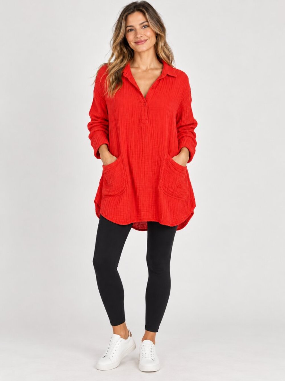 Michael Stars Coral Red Gauze Tunic Mini Dress Size Pockets Sz Small